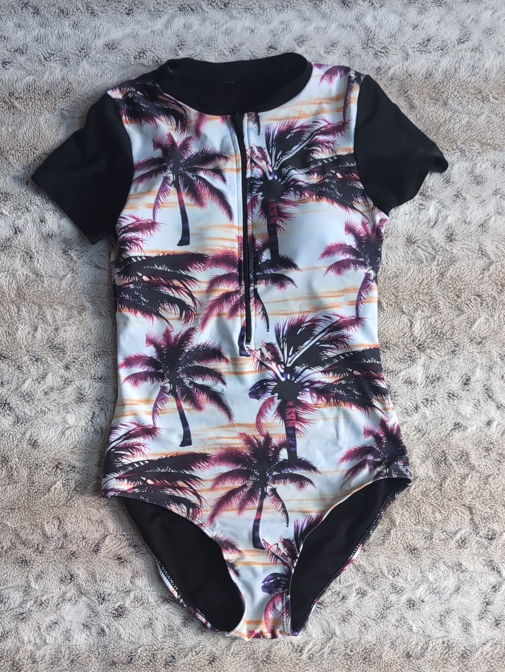 Unbranded Palm Tree Print Short Sleeve One-Piece Zip Swimsuit